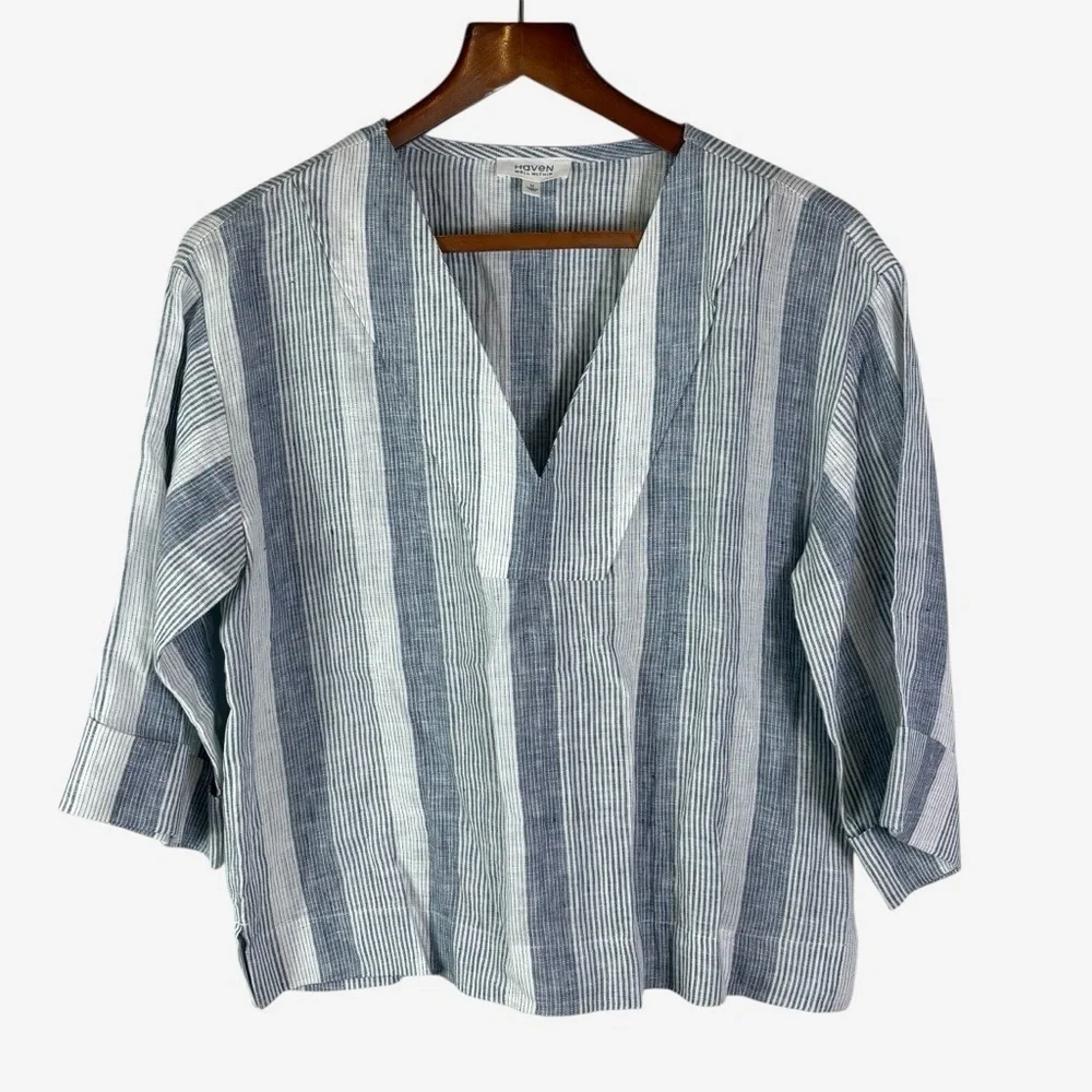 Haven Well Within Ombre Striped Linen V-Neck Top • Size M • 3/4 Sleeve Coastal - Picture 4 of 11